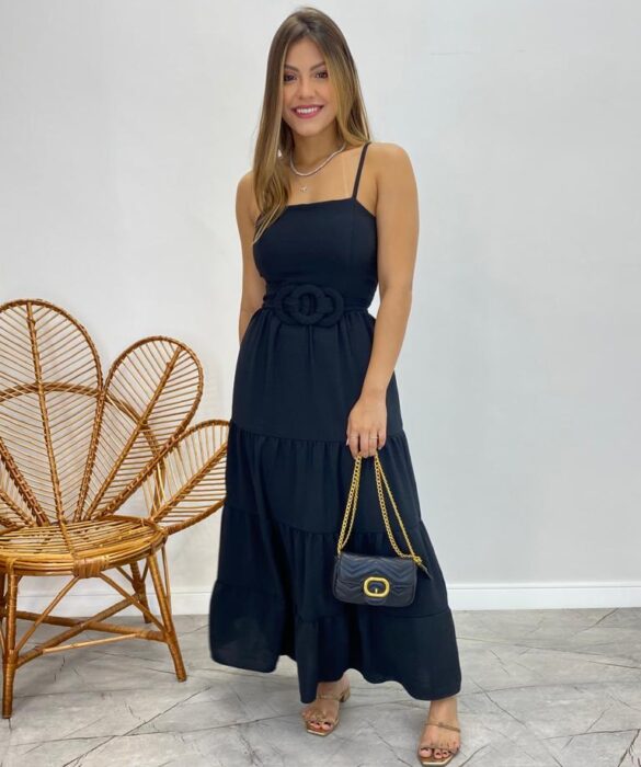 Vestido Longo Maitê com Bojo e Amarração Preto - Fernanda Ramos Store