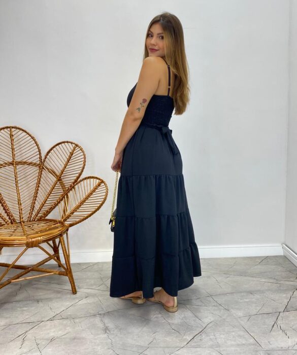 Vestido Longo Maitê com Bojo e Amarração Preto - Fernanda Ramos Store