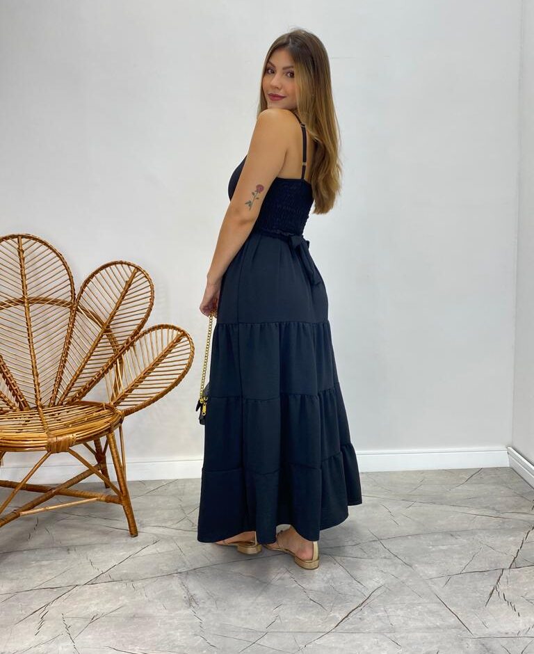 Vestido Longo Maitê com Bojo e Amarração Preto - Fernanda Ramos Store