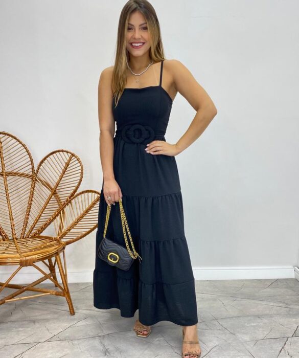 Vestido Longo Maitê com Bojo e Amarração Preto - Fernanda Ramos Store