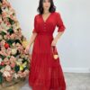 Vestido Longo Manuela sem Bojo com Lastex e Botões Vermelho - Fernanda Ramos Store