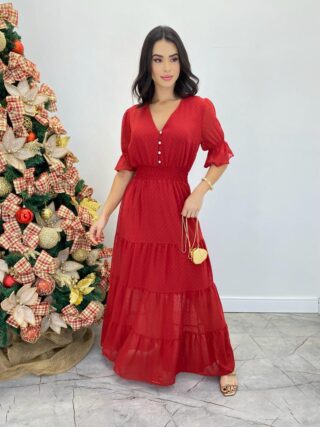 Vestido Longo Manuela sem Bojo com Lastex e Botões Vermelho - Fernanda Ramos Store