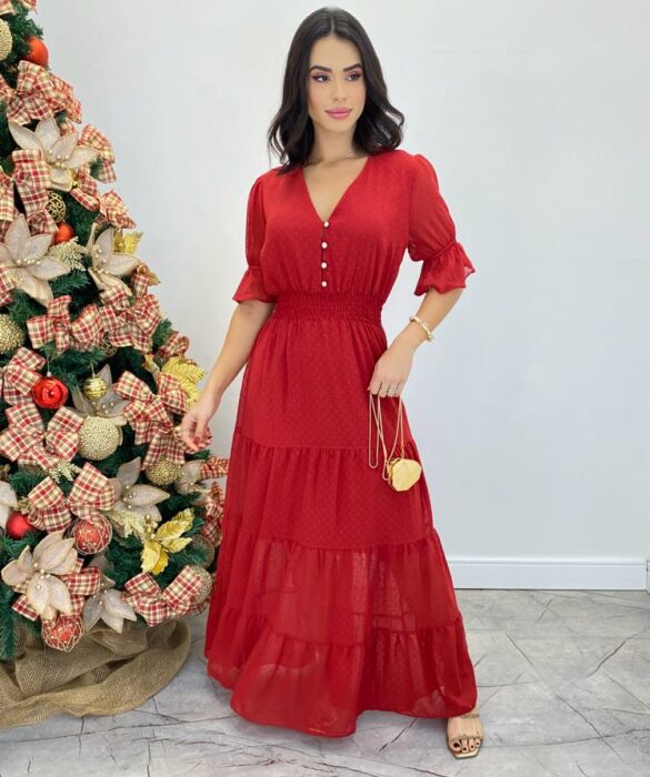 Vestido Longo Manuela sem Bojo com Lastex e Botões Vermelho - Fernanda Ramos Store