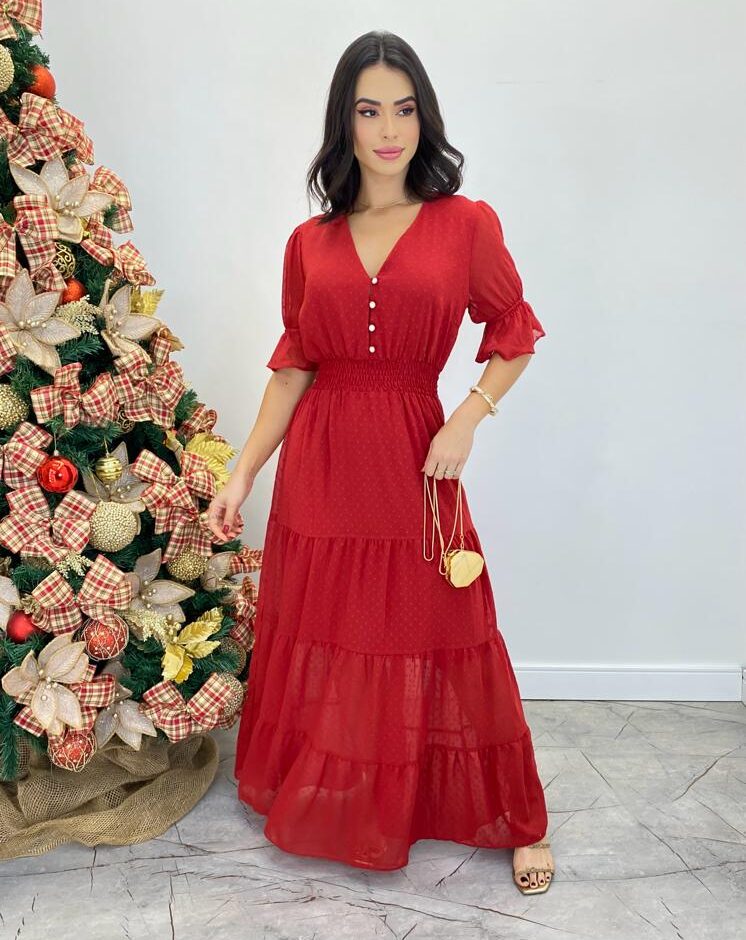 Vestido Longo Manuela sem Bojo com Lastex e Botões Vermelho - Fernanda Ramos Store