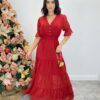 Vestido Longo Manuela sem Bojo com Lastex e Botões Vermelho - Fernanda Ramos Store