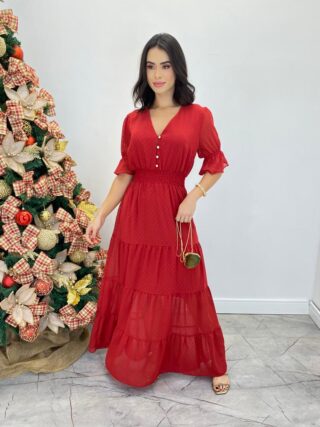 Vestido Longo Manuela sem Bojo com Lastex e Botões Vermelho - Fernanda Ramos Store