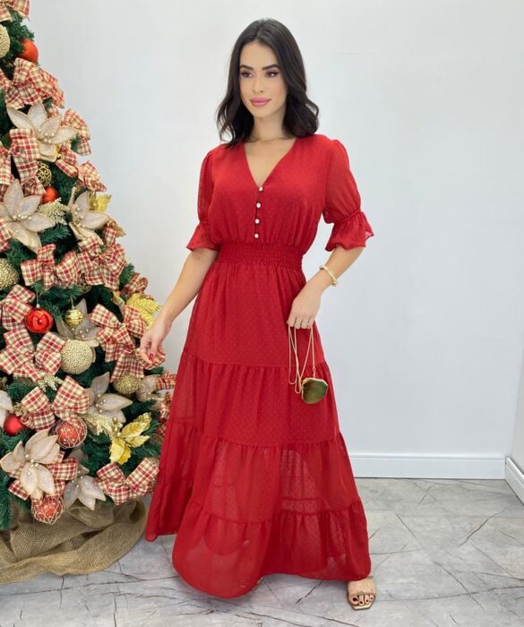 Vestido Longo Manuela sem Bojo com Lastex e Botões Vermelho - Fernanda Ramos Store