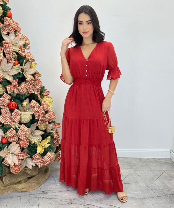 Vestido Longo Manuela sem Bojo com Lastex e Botões Vermelho - Fernanda Ramos Store