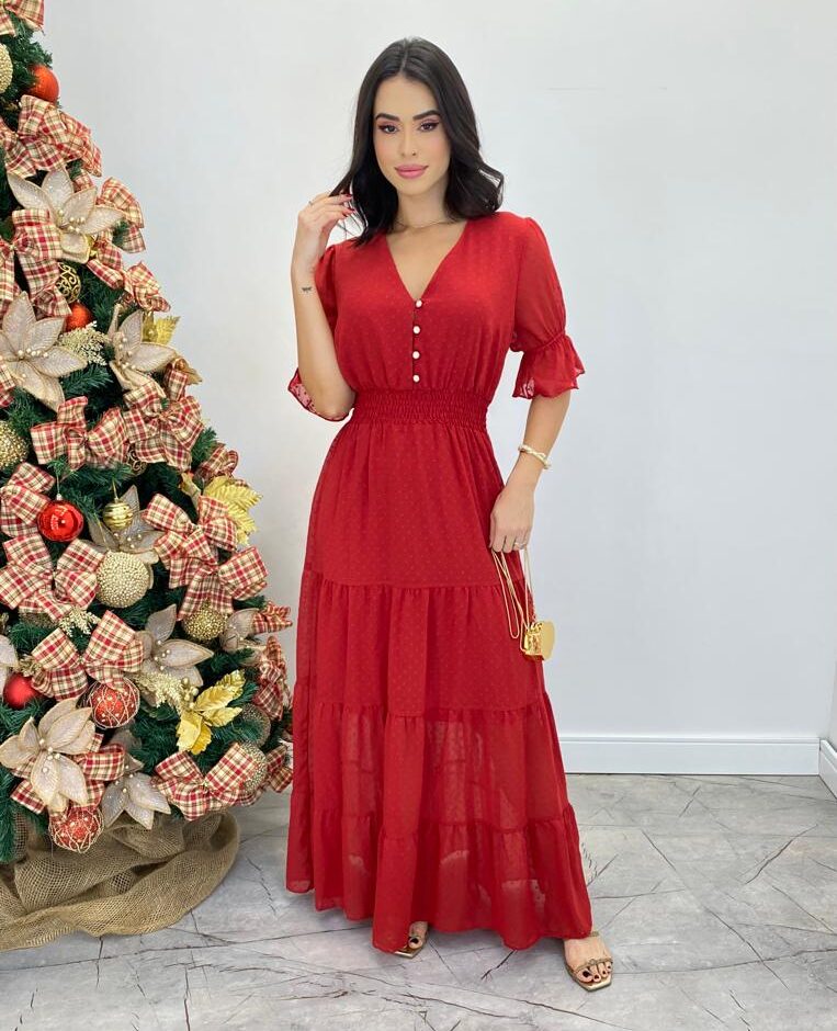 Vestido Longo Manuela sem Bojo com Lastex e Botões Vermelho - Fernanda Ramos Store