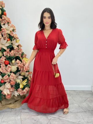 Vestido Longo Manuela sem Bojo com Lastex e Botões Vermelho - Fernanda Ramos Store