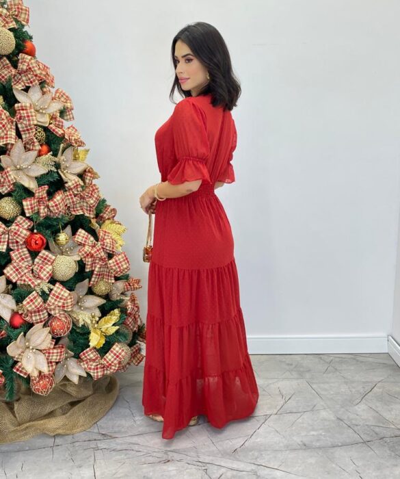 Vestido Longo Manuela sem Bojo com Lastex e Botões Vermelho - Fernanda Ramos Store