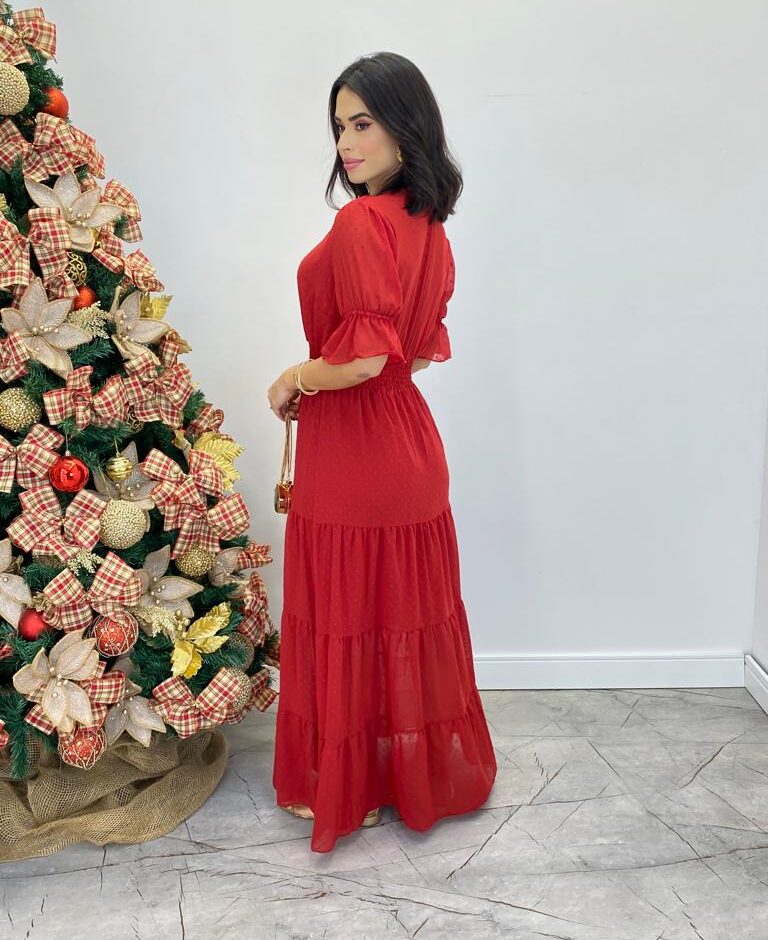 Vestido Longo Manuela sem Bojo com Lastex e Botões Vermelho - Fernanda Ramos Store
