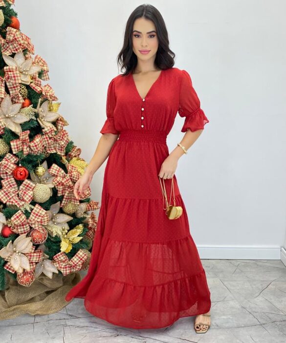 Vestido Longo Manuela sem Bojo com Lastex e Botões Vermelho - Fernanda Ramos Store