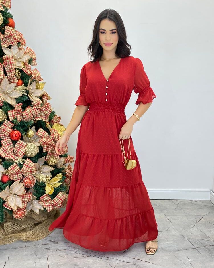Vestido Longo Manuela sem Bojo com Lastex e Botões Vermelho - Fernanda Ramos Store