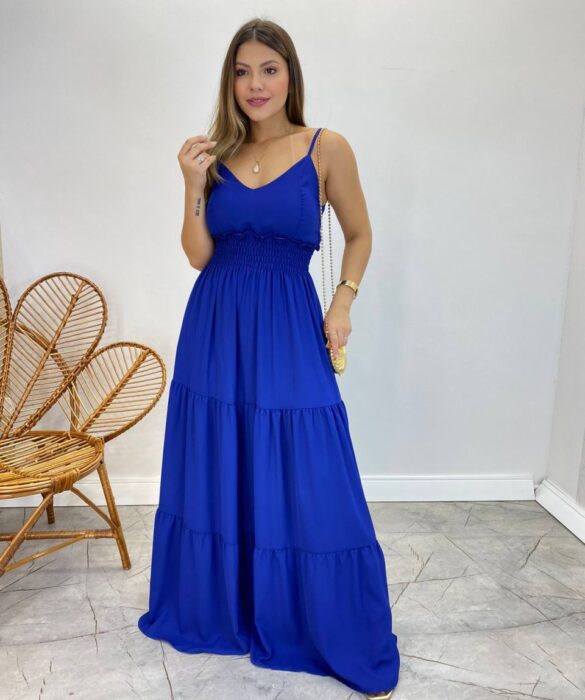 Vestido Longo Milena Alça Regulável com Bojo e Lastex Azul - Fernanda Ramos Store