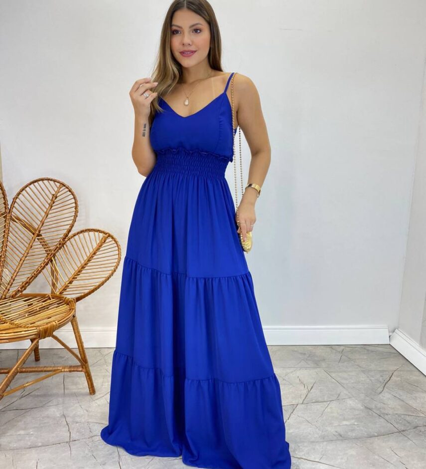 Vestido Longo Milena Alça Regulável com Bojo e Lastex Azul - Fernanda Ramos Store