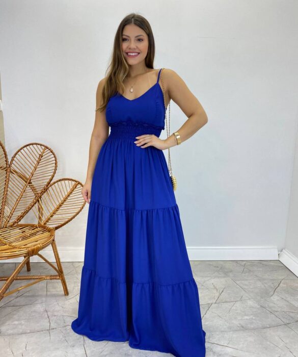 Vestido Longo Milena Alça Regulável com Bojo e Lastex Azul - Fernanda Ramos Store