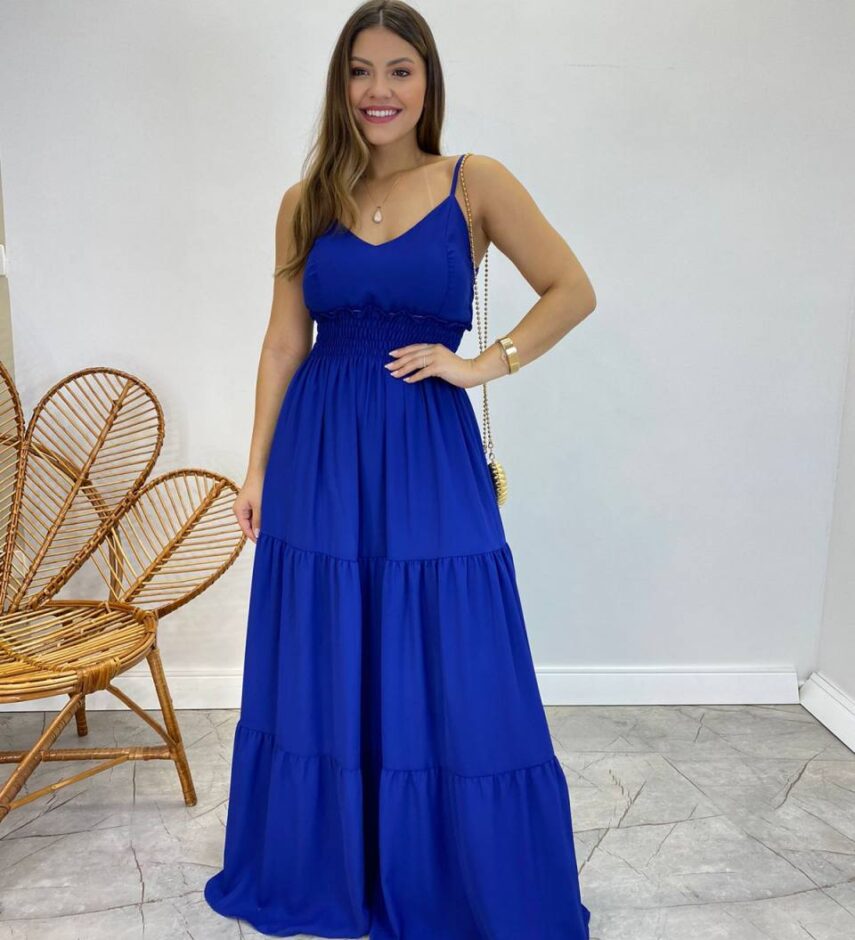 Vestido Longo Milena Alça Regulável com Bojo e Lastex Azul - Fernanda Ramos Store