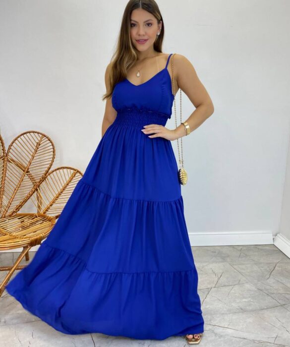 Vestido Longo Milena Alça Regulável com Bojo e Lastex Azul - Fernanda Ramos Store