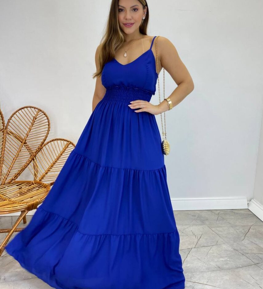 Vestido Longo Milena Alça Regulável com Bojo e Lastex Azul - Fernanda Ramos Store