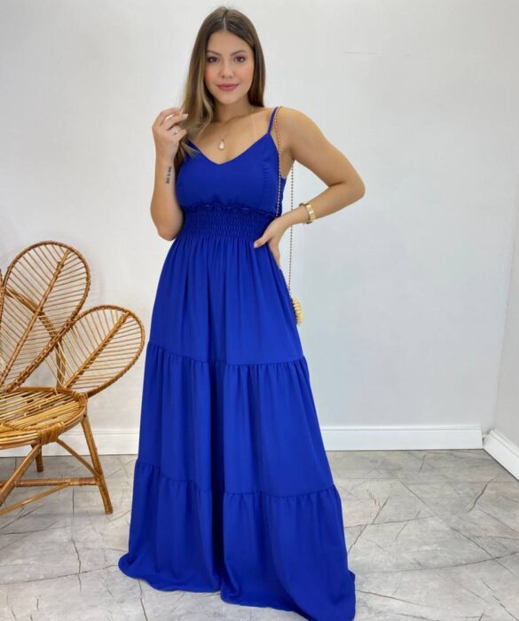 Vestido Longo Milena Alça Regulável com Bojo e Lastex Azul - Fernanda Ramos Store