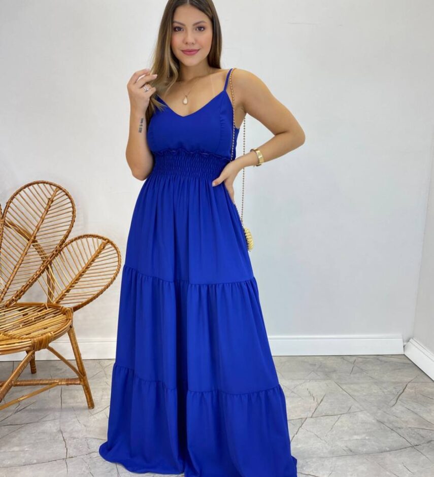 Vestido Longo Milena Alça Regulável com Bojo e Lastex Azul - Fernanda Ramos Store