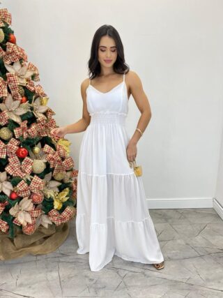 Vestido Longo Milena Alça Regulável com Bojo e Lastex Branco - Fernanda Ramos Store