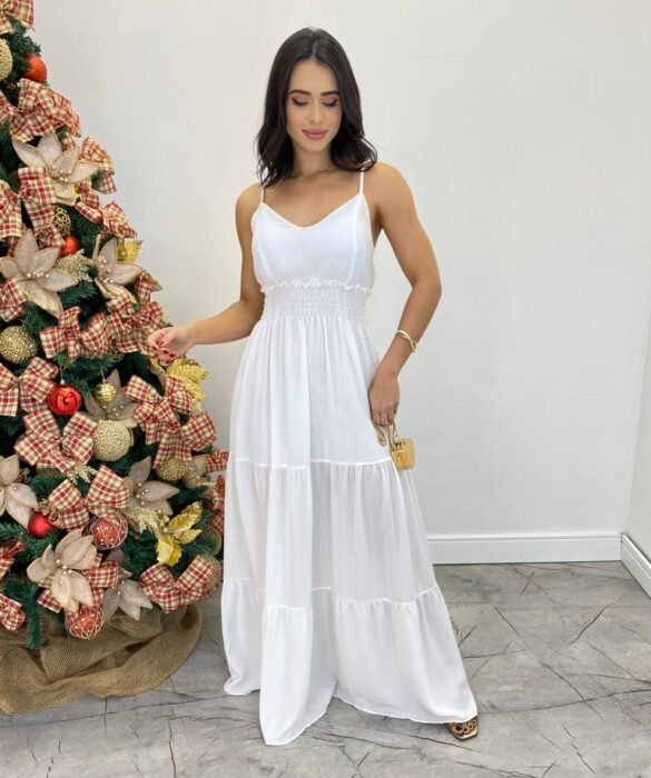 Vestido Longo Milena Alça Regulável com Bojo e Lastex Branco - Fernanda Ramos Store