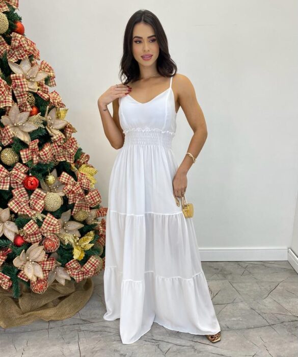 Vestido Longo Milena Alça Regulável com Bojo e Lastex Branco - Fernanda Ramos Store