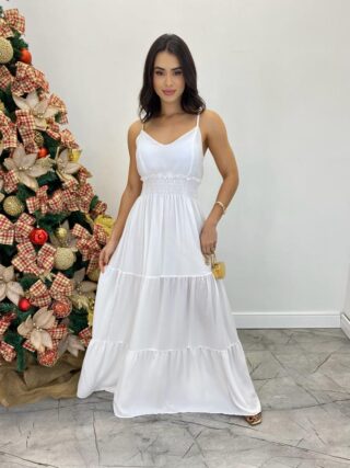 Vestido Longo Milena Alça Regulável com Bojo e Lastex Branco - Fernanda Ramos Store