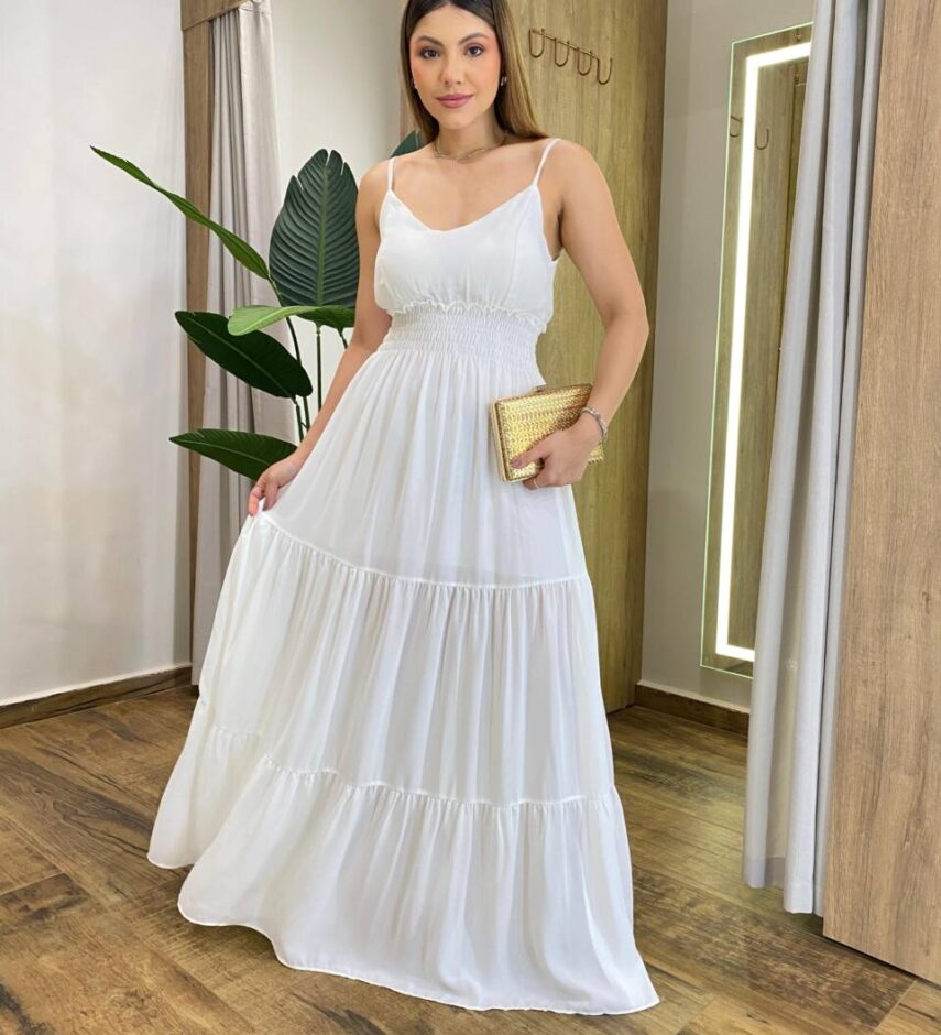 Vestido Longo Milena Alça Regulável com Bojo e Lastex Branco - Fernanda Ramos Store