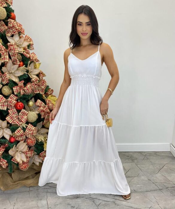 Vestido Longo Milena Alça Regulável com Bojo e Lastex Branco - Fernanda Ramos Store