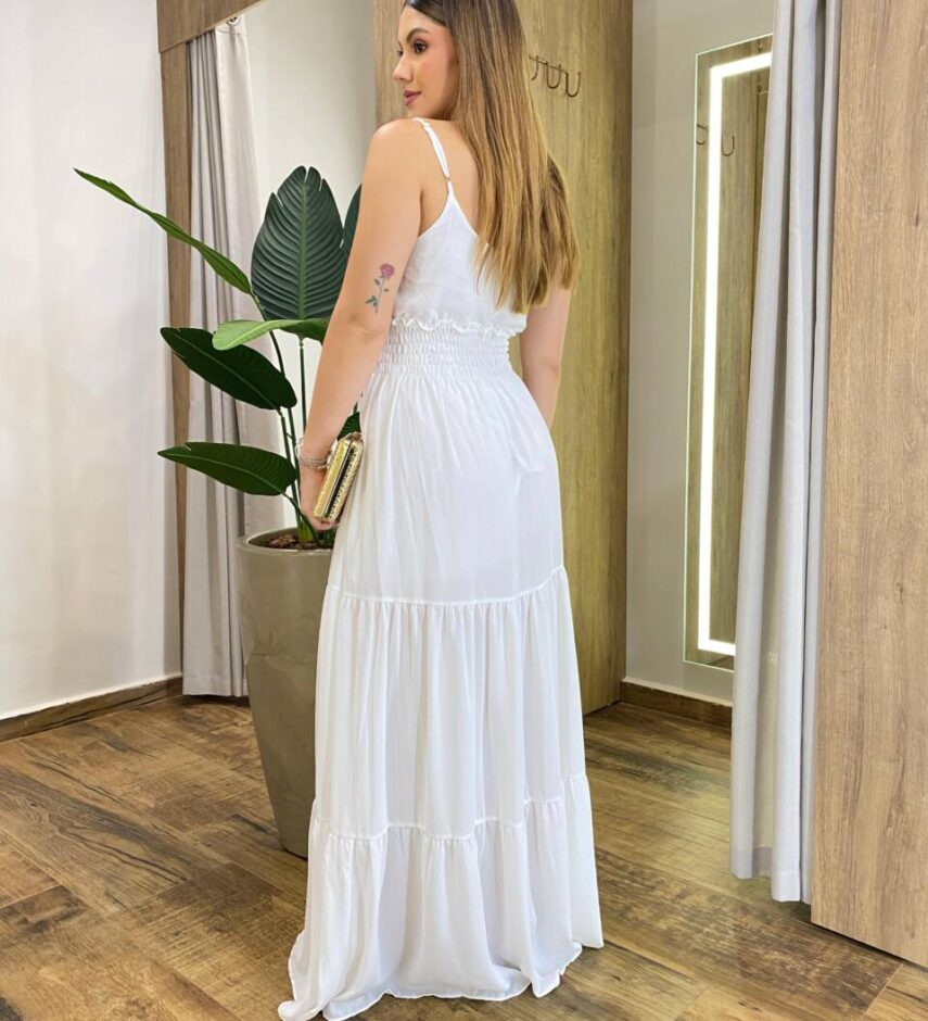 Vestido Longo Milena Alça Regulável com Bojo e Lastex Branco - Fernanda Ramos Store