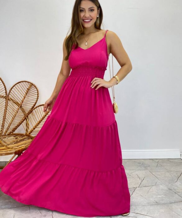 Vestido Longo Milena Alça Regulável com Bojo e Lastex Pink - Fernanda Ramos Store