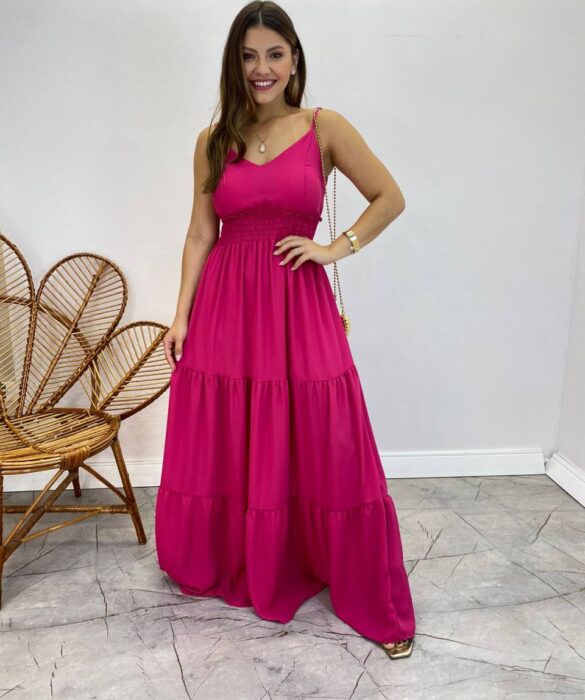 Vestido Longo Milena Alça Regulável com Bojo e Lastex Pink - Fernanda Ramos Store