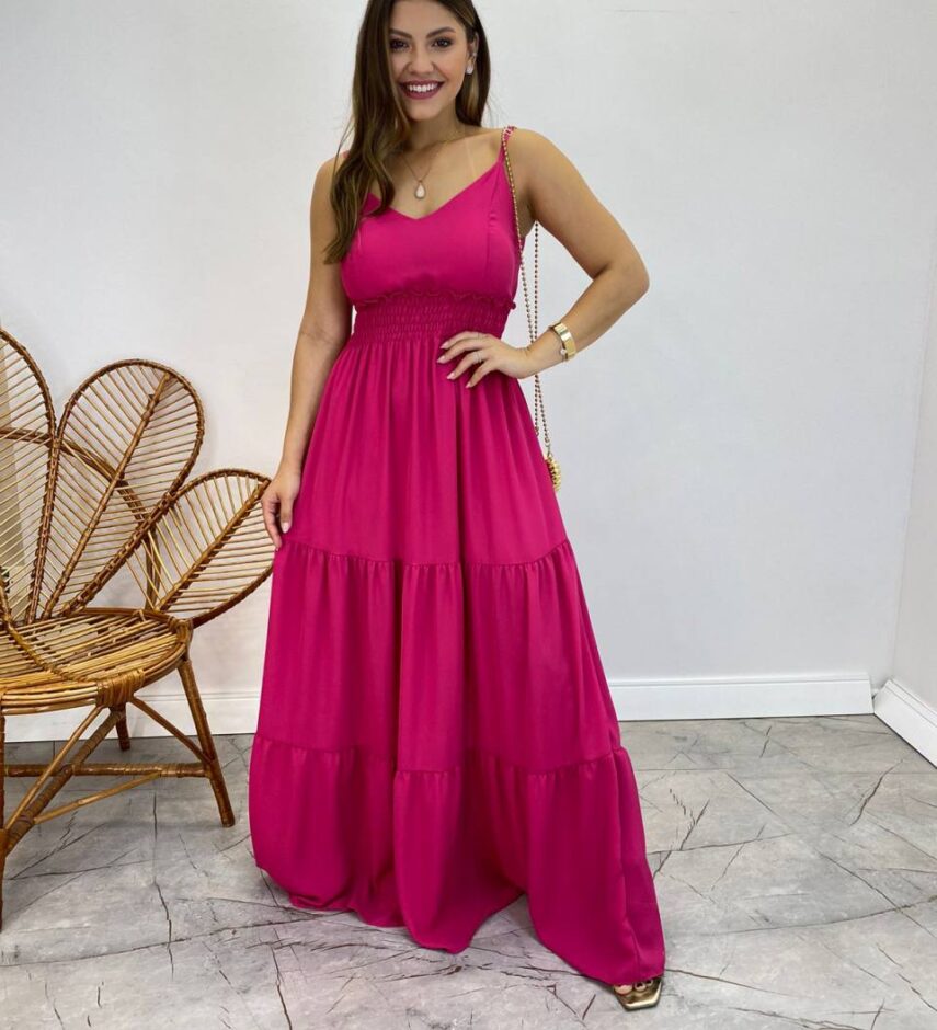 Vestido Longo Milena Alça Regulável com Bojo e Lastex Pink - Fernanda Ramos Store