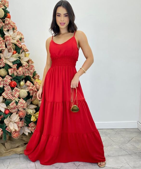 Vestido Longo Milena Alça Regulável com Bojo e Lastex Vermelho - Fernanda Ramos Store