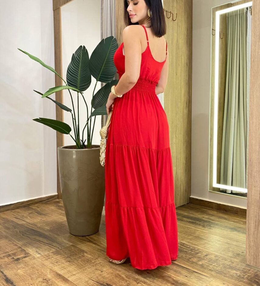 Vestido Longo Milena Alça Regulável com Bojo e Lastex Vermelho - Fernanda Ramos Store