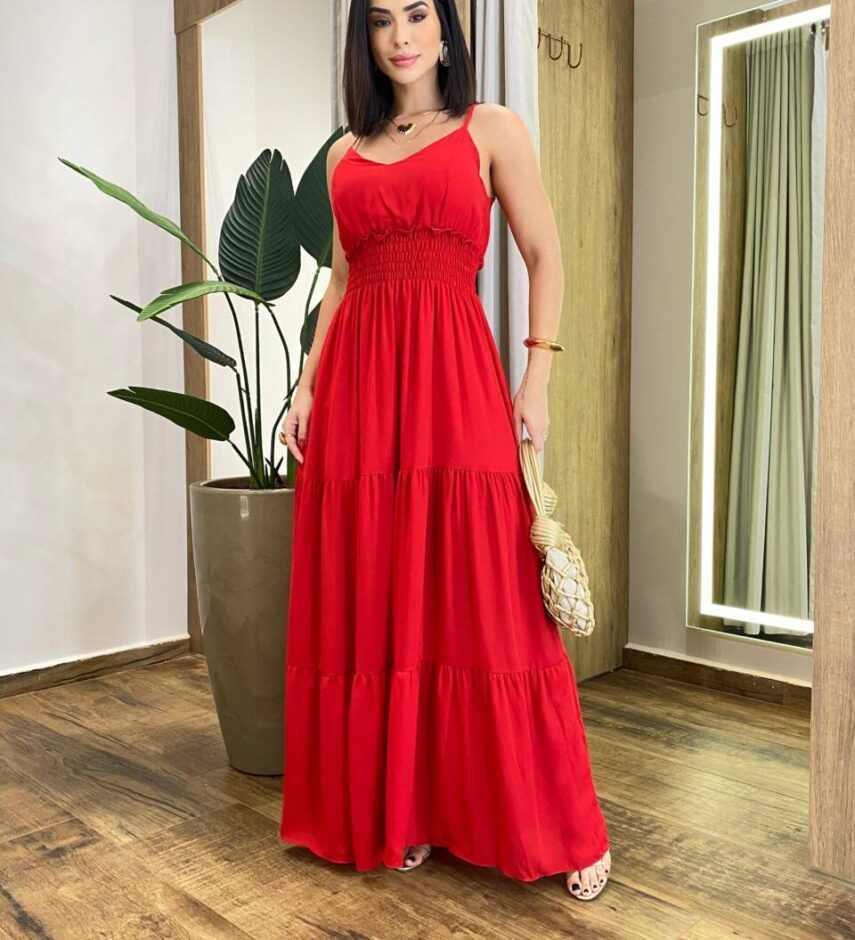 Vestido Longo Milena Alça Regulável com Bojo e Lastex Vermelho - Fernanda Ramos Store