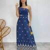 Vestido Longo Nula Manga com Amarração Atrás Azul Marinho Bordado - Fernanda Ramos Store