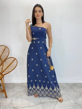 Vestido Longo Nula Manga com Amarração Atrás Azul Marinho Bordado - Fernanda Ramos Store