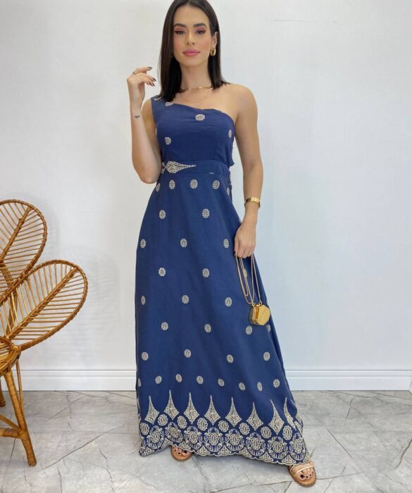 Vestido Longo Nula Manga com Amarração Atrás Azul Marinho Bordado - Fernanda Ramos Store