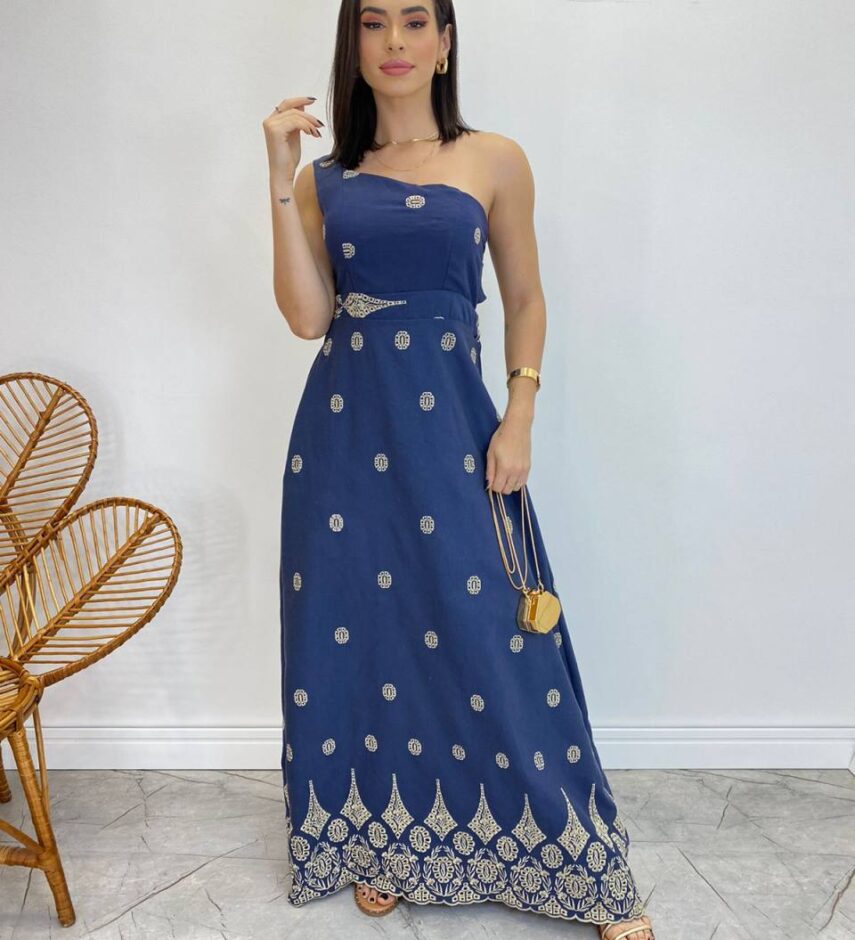 Vestido Longo Nula Manga com Amarração Atrás Azul Marinho Bordado - Fernanda Ramos Store