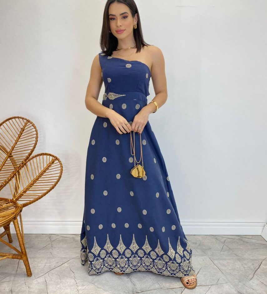 Vestido Longo Nula Manga com Amarração Atrás Azul Marinho Bordado - Fernanda Ramos Store