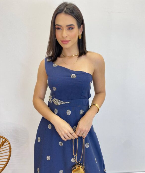 Vestido Longo Nula Manga com Amarração Atrás Azul Marinho Bordado - Fernanda Ramos Store