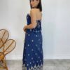 Vestido Longo Nula Manga com Amarração Atrás Azul Marinho Bordado - Fernanda Ramos Store