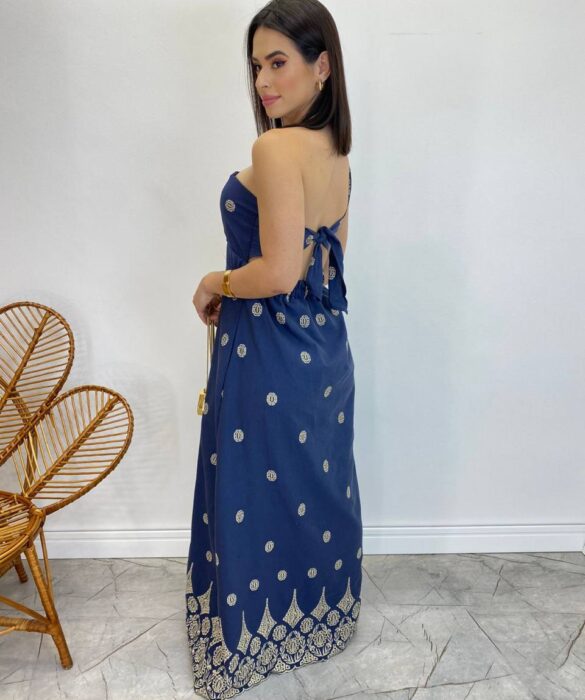 Vestido Longo Nula Manga com Amarração Atrás Azul Marinho Bordado - Fernanda Ramos Store