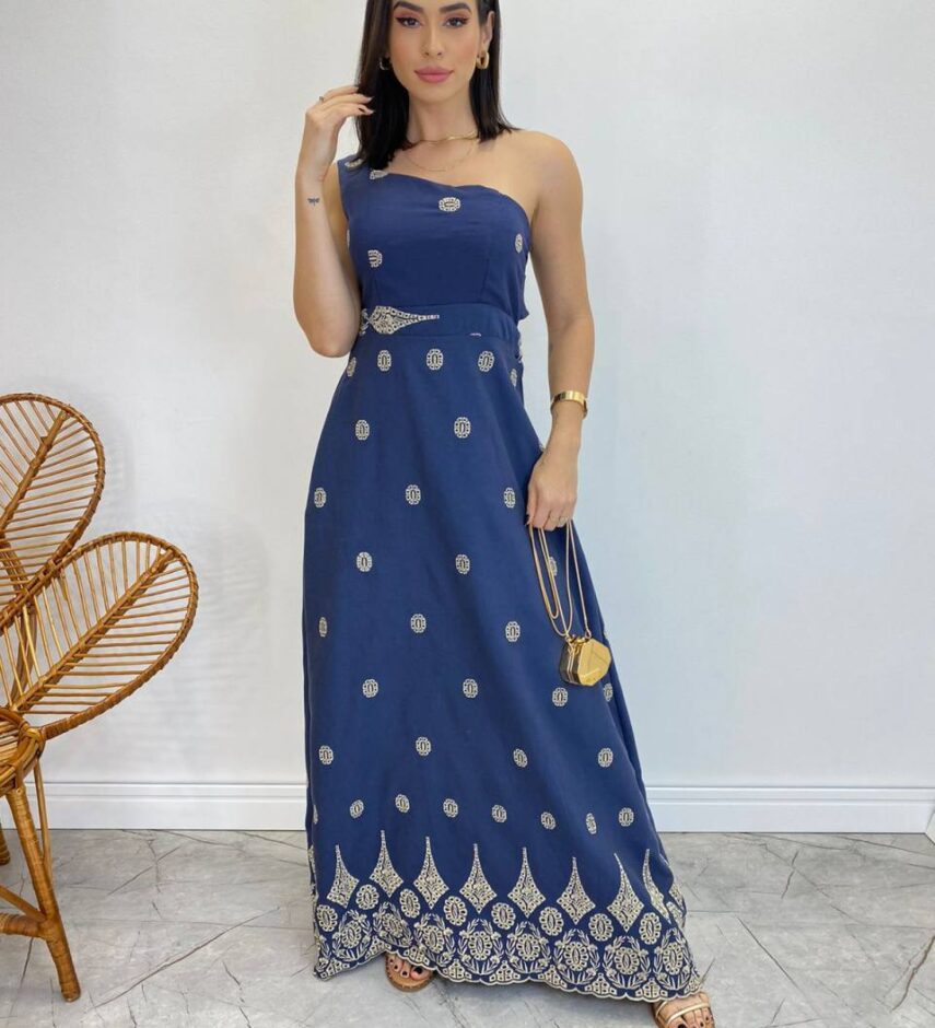 Vestido Longo Nula Manga com Amarração Atrás Azul Marinho Bordado - Fernanda Ramos Store