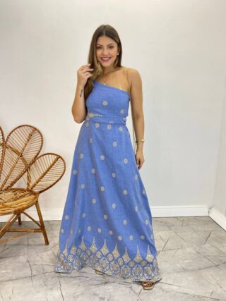 Vestido Longo Nula Manga com Amarração Atrás Jeans Bordado - Fernanda Ramos Store