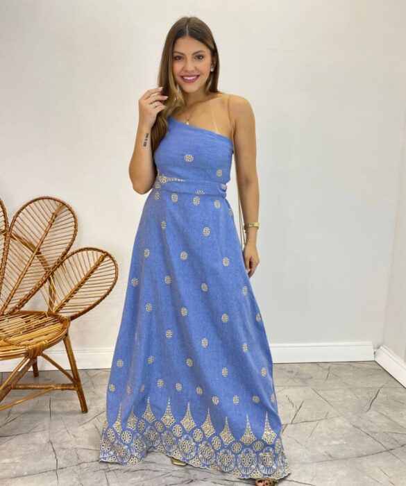 Vestido Longo Nula Manga com Amarração Atrás Jeans Bordado - Fernanda Ramos Store